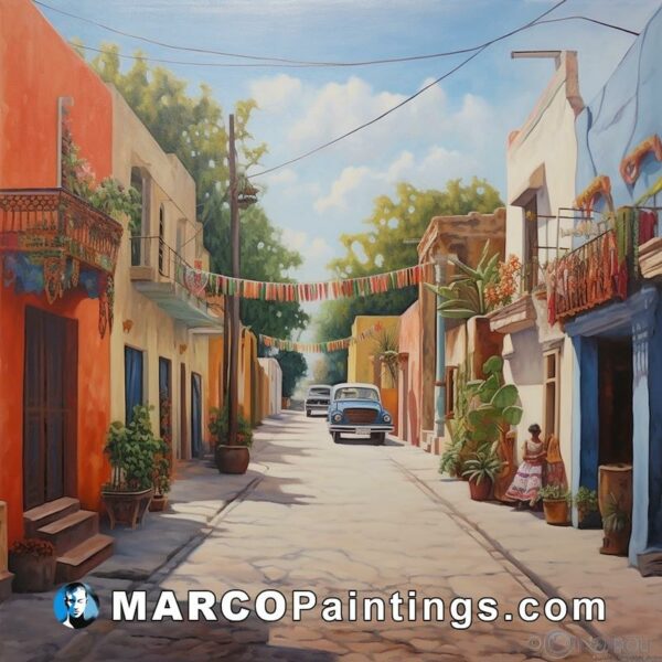 A painting of a small town street in mexico