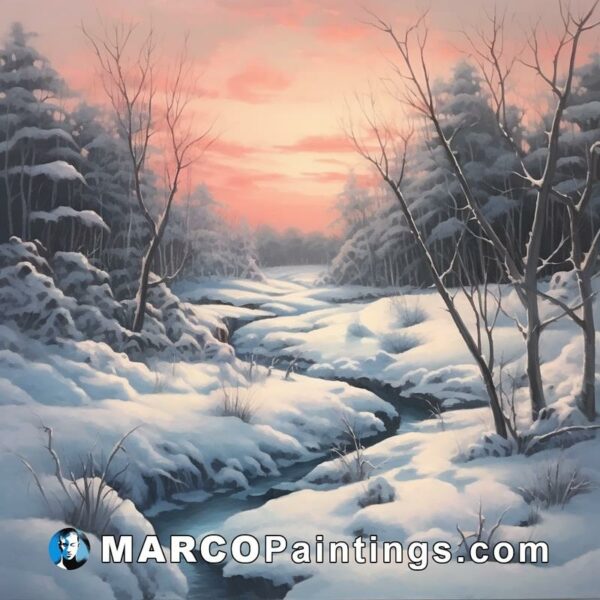 A painting of a snow covered landscape at sunset