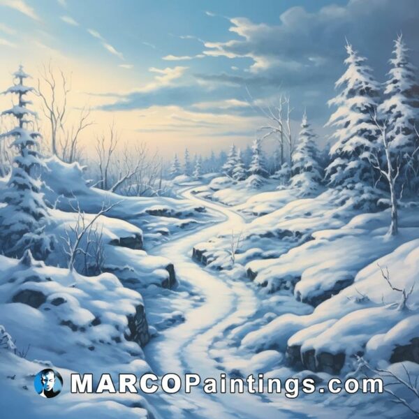 A painting of a snow covered path
