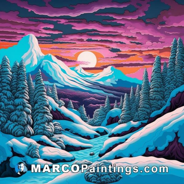 A painting of a snowy forest with a sunset