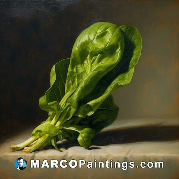 A painting of a spinach leaf on a table