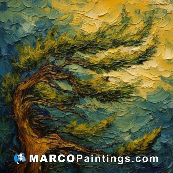 A painting of a spindly pine tree on a blue background