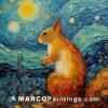 A painting of a squirrel at night in front of the starry sky