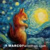A painting of a squirrel sitting on a starry night