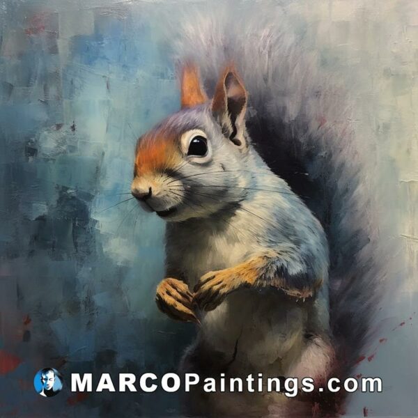 A painting of a squirrel with a blue and white background