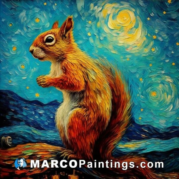 A painting of a squirrel with starry night sky