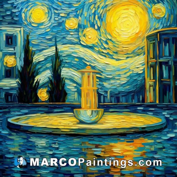 A painting of a starry night around a fountain