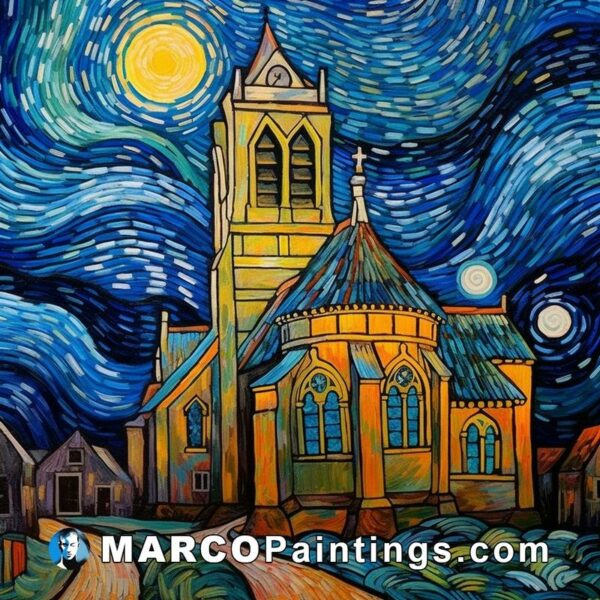 A painting of a starry night church