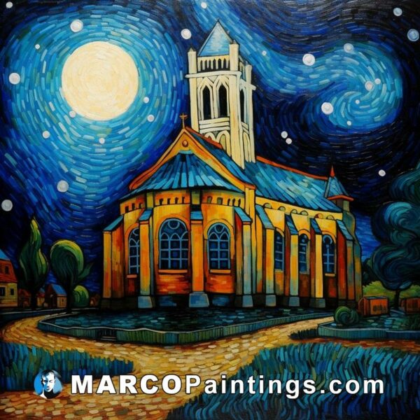 A painting of a starry night over a church