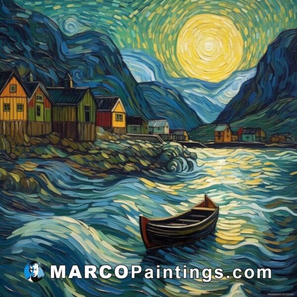 A painting of a starry night with a boat by it