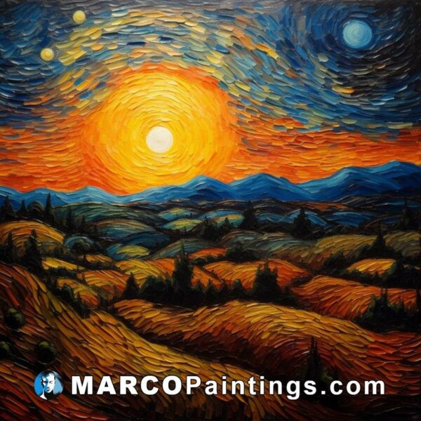 A painting of a starry night with sun and moon