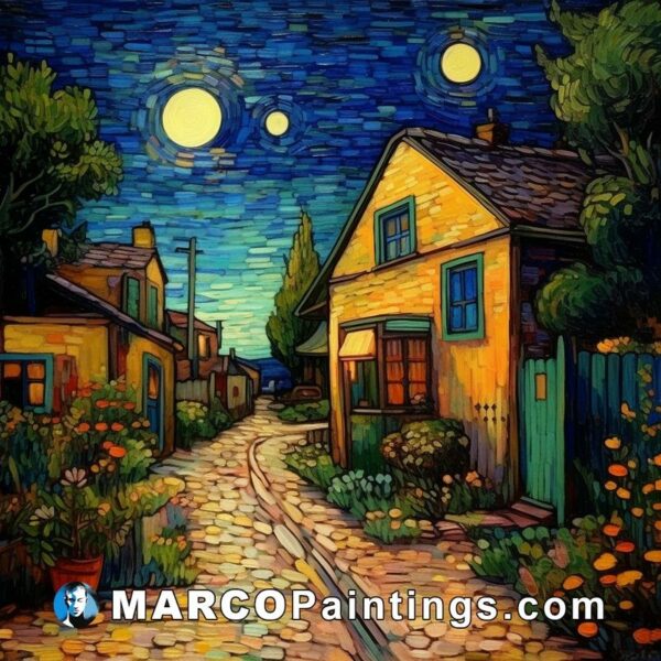 A painting of a starry night with two yellow houses