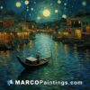 A painting of a starry sky over a canal