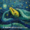A painting of a starry sky with a yellow snake