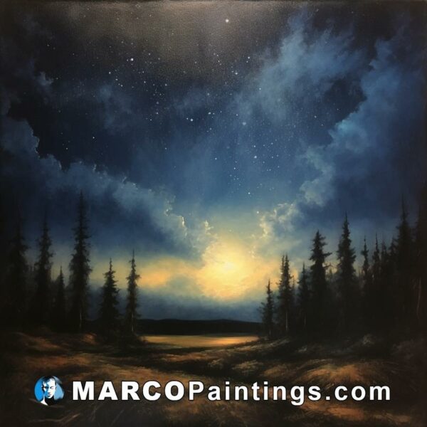 A painting of a starry sky with forest in background