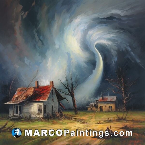 A painting of a storm in a field over a house