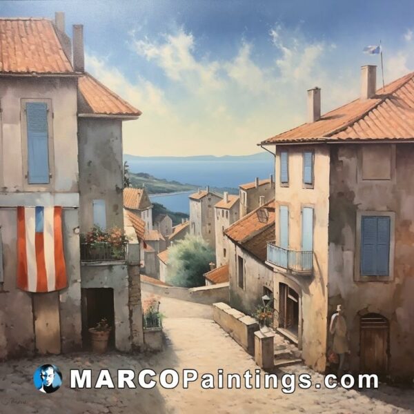 A painting of a street of houses near the sea