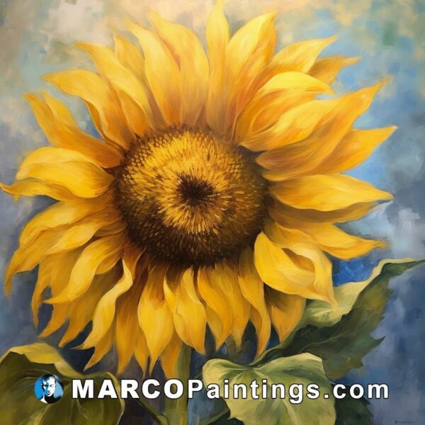 A painting of a sunflower with blue background behind it