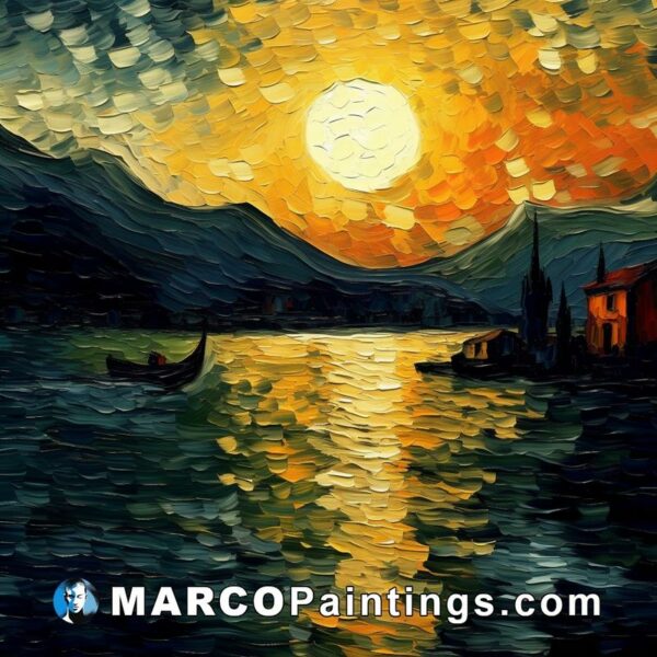 A painting of a sunset on the water