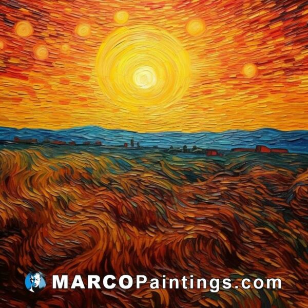 A painting of a sunset over an orange field of wheat