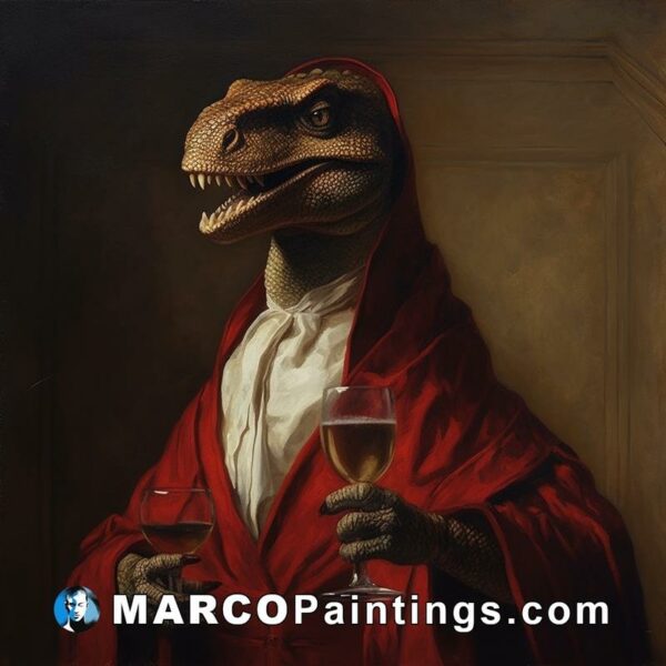 A painting of a t rex holding a wine glass