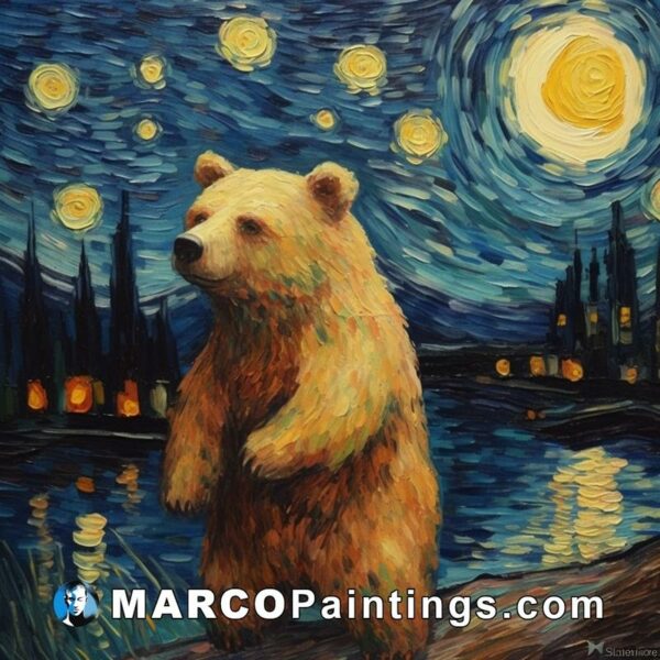 A painting of a teddy bear standing in the starry night