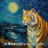 A painting of a tiger at night under the moon