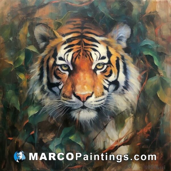 A painting of a tiger in a forest