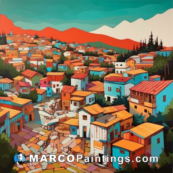 A painting of a town's buildings on a bright blue and orange background