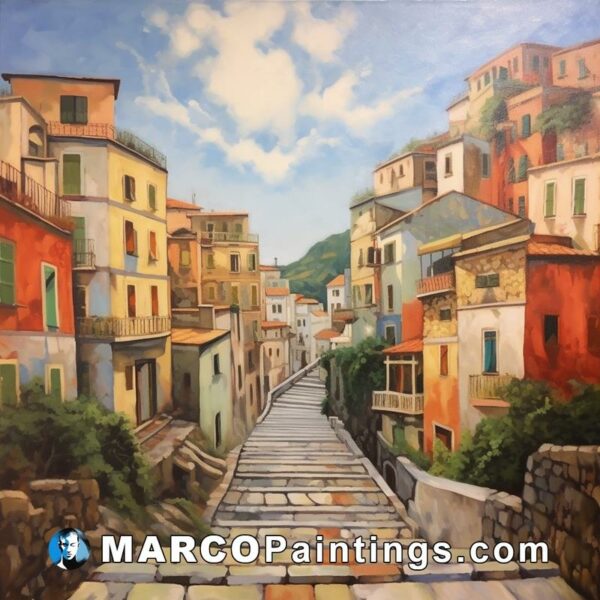 A painting of a town with colorful houses and steps