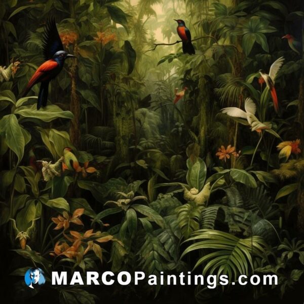 A painting of a tropical forest filled with birds and tropical plants