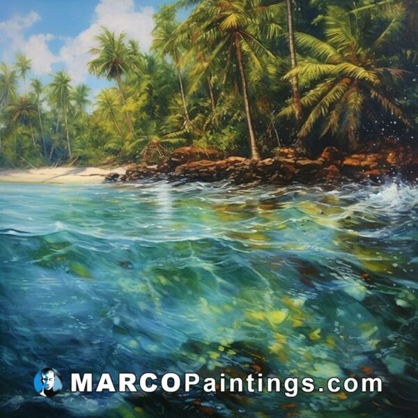 A painting of a tropical island with waves and trees