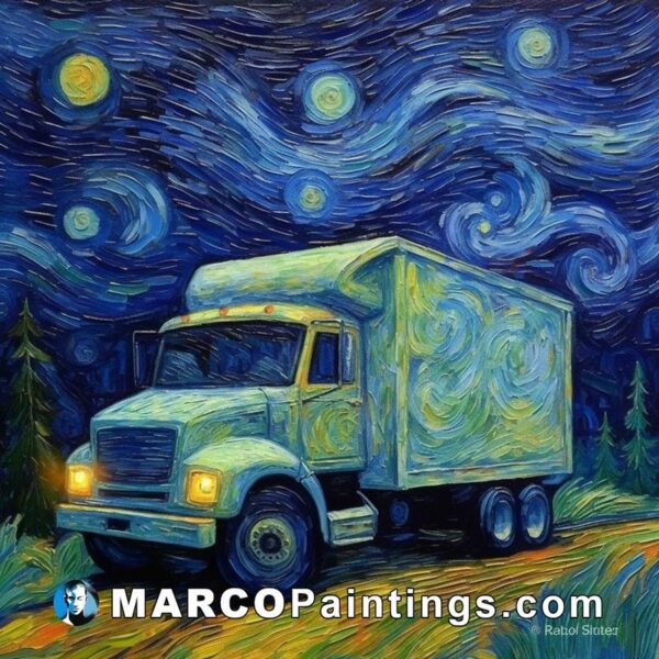 A painting of a truck with the starry night above it