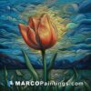 A painting of a tulip with clouds in the background