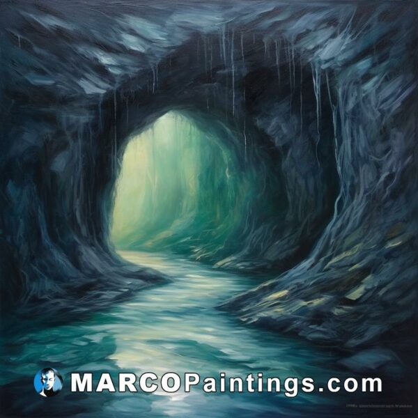 A painting of a tunnel leading into a cave