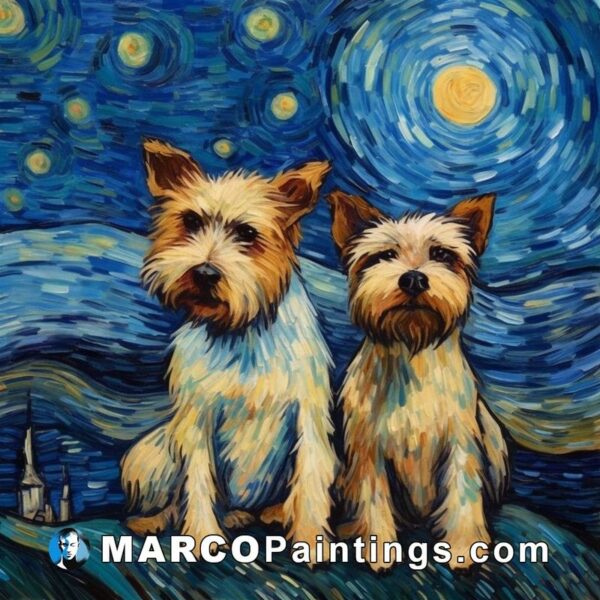A painting of a two terriers sitting under a starry night