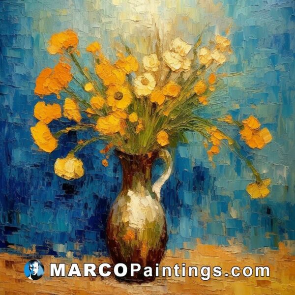 A painting of a vase of yellow flowers on a blue background