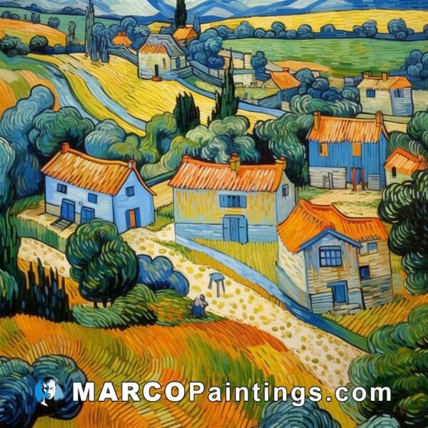 A painting of a village in yellow and blue fields