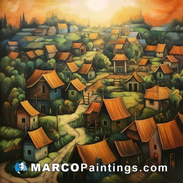A painting of a village with houses on sunrise