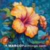 A painting of a vivid yellow hibiscus flower on a blue background