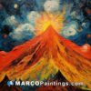 A painting of a volcano with a starry sky