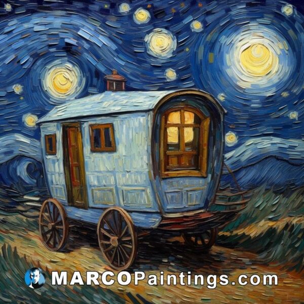 A painting of a wagon under a starry sky