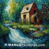 A painting of a water wheel and river