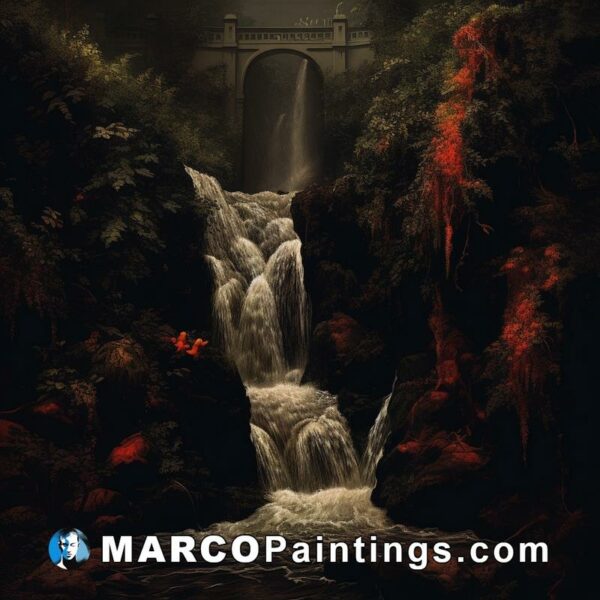 A painting of a waterfall in dark forests with red plants on the side