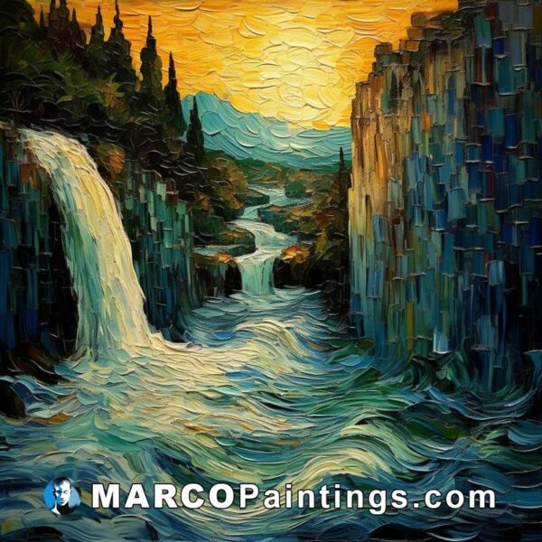 A painting of a waterfall with an orange sky