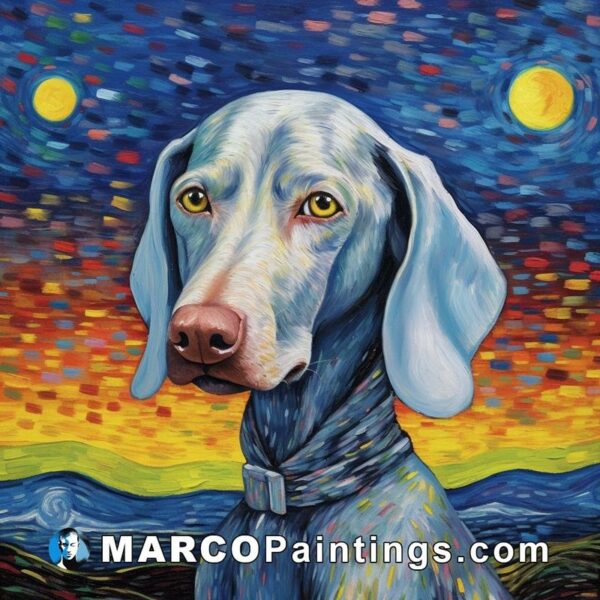A painting of a weimaraner in front of starry night