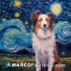 A painting of a white collie standing on a starry night