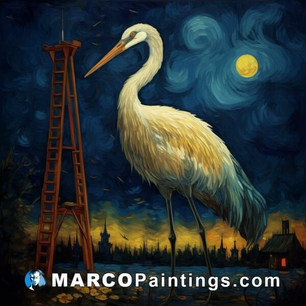 A painting of a white crane standing near a tower with some people