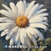 A painting of a white daisy with dark background