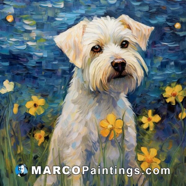 A painting of a white dog sitting by yellow flowers